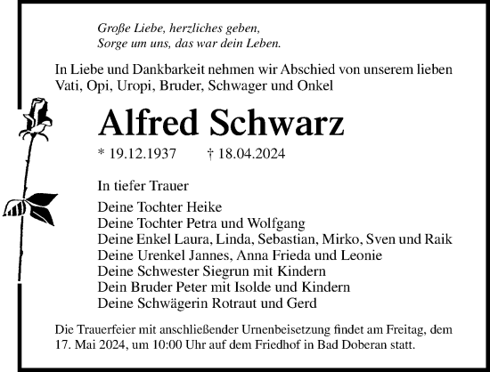 Traueranzeige von Alfred Schwarz von Ostsee-Zeitung GmbH