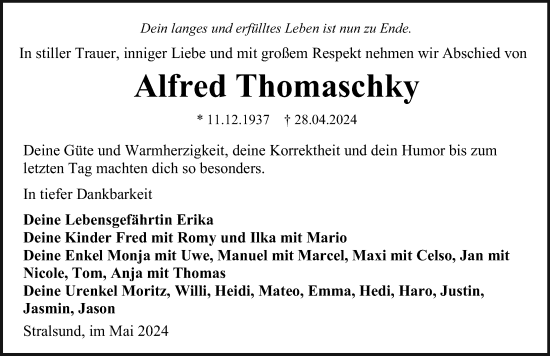 Traueranzeige von Alfred Thomaschky von Ostsee-Zeitung GmbH