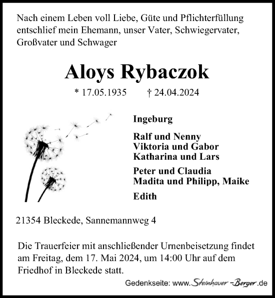 Traueranzeige von Aloys Rybaczok von Lübecker Nachrichten