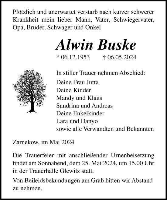 Traueranzeige von Alwin Buske von Ostsee-Zeitung GmbH