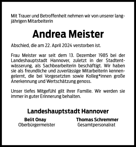 Traueranzeige von Andrea Meister von Hannoversche Allgemeine Zeitung/Neue Presse