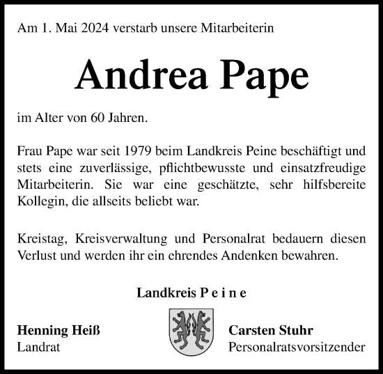 Traueranzeige von Andrea Pape von Peiner Allgemeine Zeitung