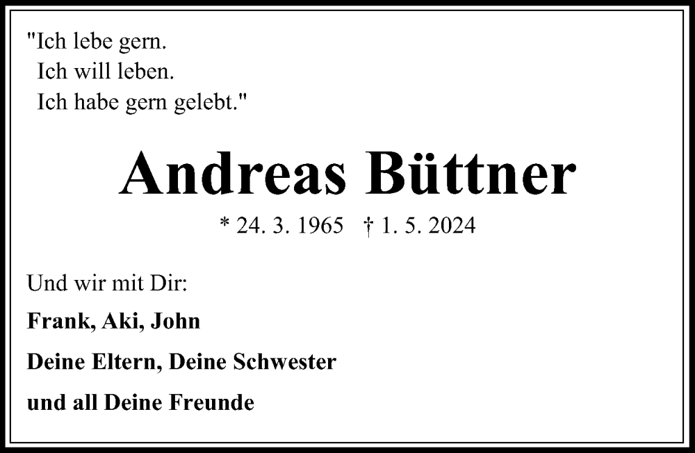  Traueranzeige für Andreas Büttner vom 04.05.2024 aus Hannoversche Allgemeine Zeitung/Neue Presse