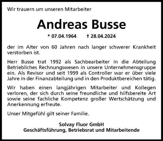 Traueranzeige von Andreas Busse von Hannoversche Allgemeine Zeitung/Neue Presse
