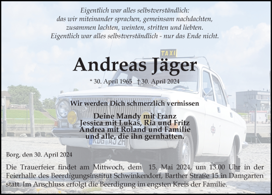 Traueranzeige von Andreas Jäger von Ostsee-Zeitung GmbH