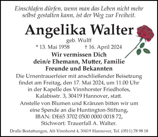 Traueranzeige von Angelika Walter von Hannoversche Allgemeine Zeitung/Neue Presse