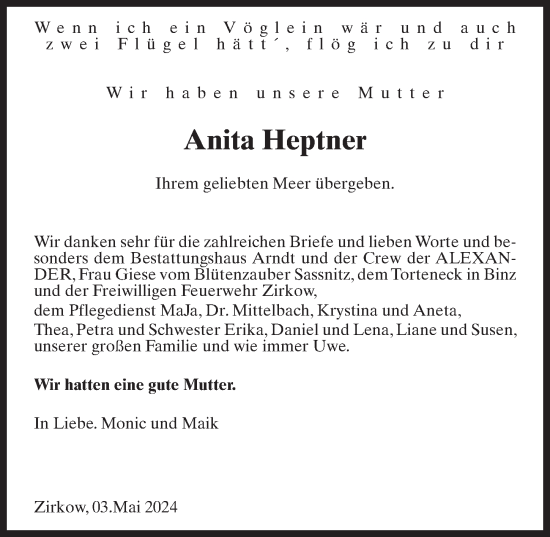 Traueranzeige von Anita Heptner von Ostsee-Zeitung GmbH