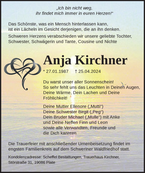 Traueranzeige von Anja Kirchner von Ostsee-Zeitung GmbH