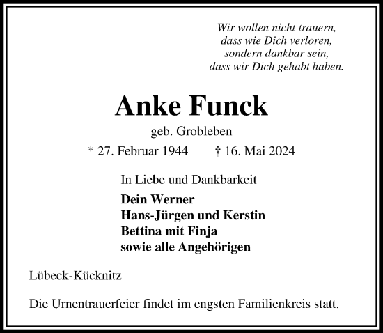 Traueranzeige von Anke Funck von Lübecker Nachrichten