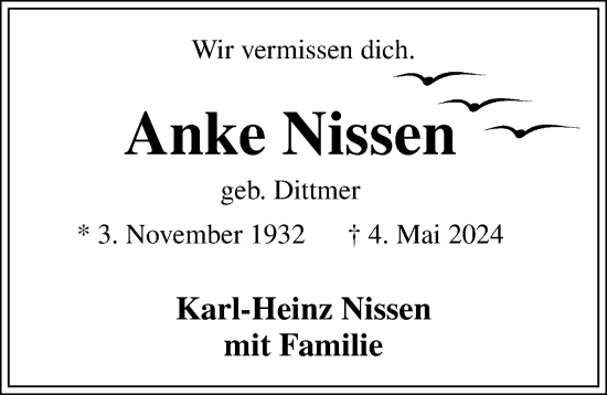 Traueranzeige von Anke Nissen von Lübecker Nachrichten