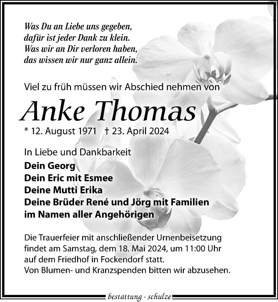  Traueranzeige für Anke Thomas vom 11.05.2024 aus Leipziger Volkszeitung