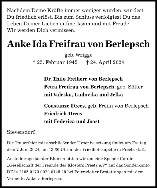 Traueranzeige von Anke Ida  Freifrau von Berlepsch von Kieler Nachrichten
