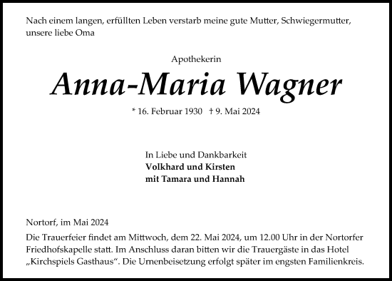 Traueranzeige von Anna-Maria Wagner von Kieler Nachrichten