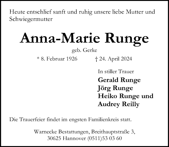 Traueranzeige von Anna-Marie Runge von Hannoversche Allgemeine Zeitung/Neue Presse
