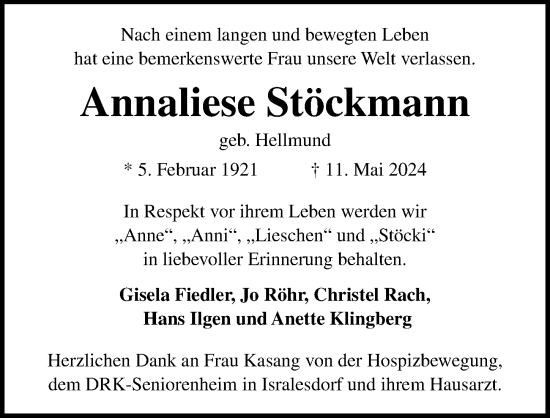 Traueranzeige von Annaliese Stöckmann von Lübecker Nachrichten