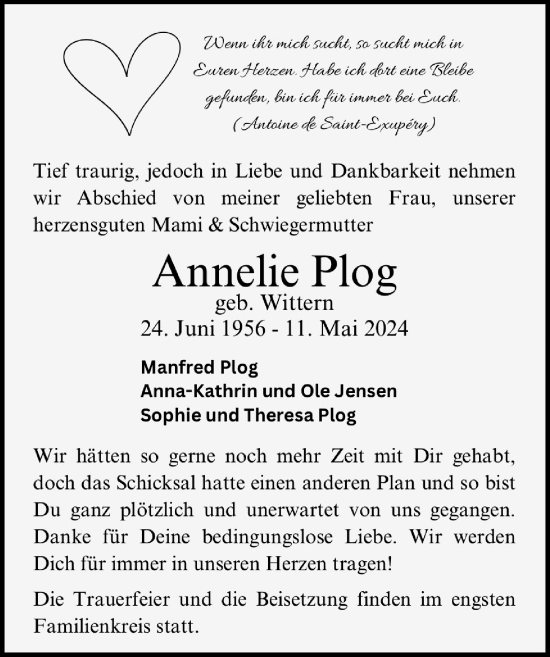 Traueranzeige von Annelie Plog von Lübecker Nachrichten