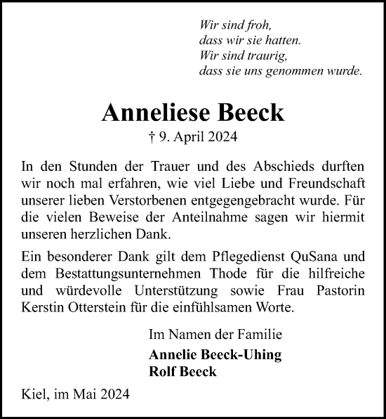 Traueranzeige von Anneliese Beeck von Kieler Nachrichten