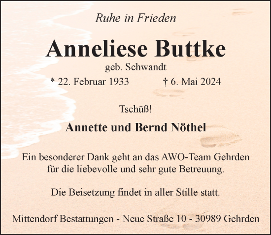 Traueranzeige von Anneliese Buttke von Hannoversche Allgemeine Zeitung/Neue Presse