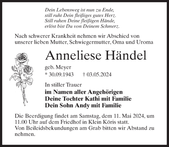 Traueranzeige von Anneliese Händel von Märkischen Allgemeine Zeitung