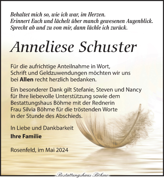 Traueranzeige von Anneliese Schuster von Torgauer Zeitung