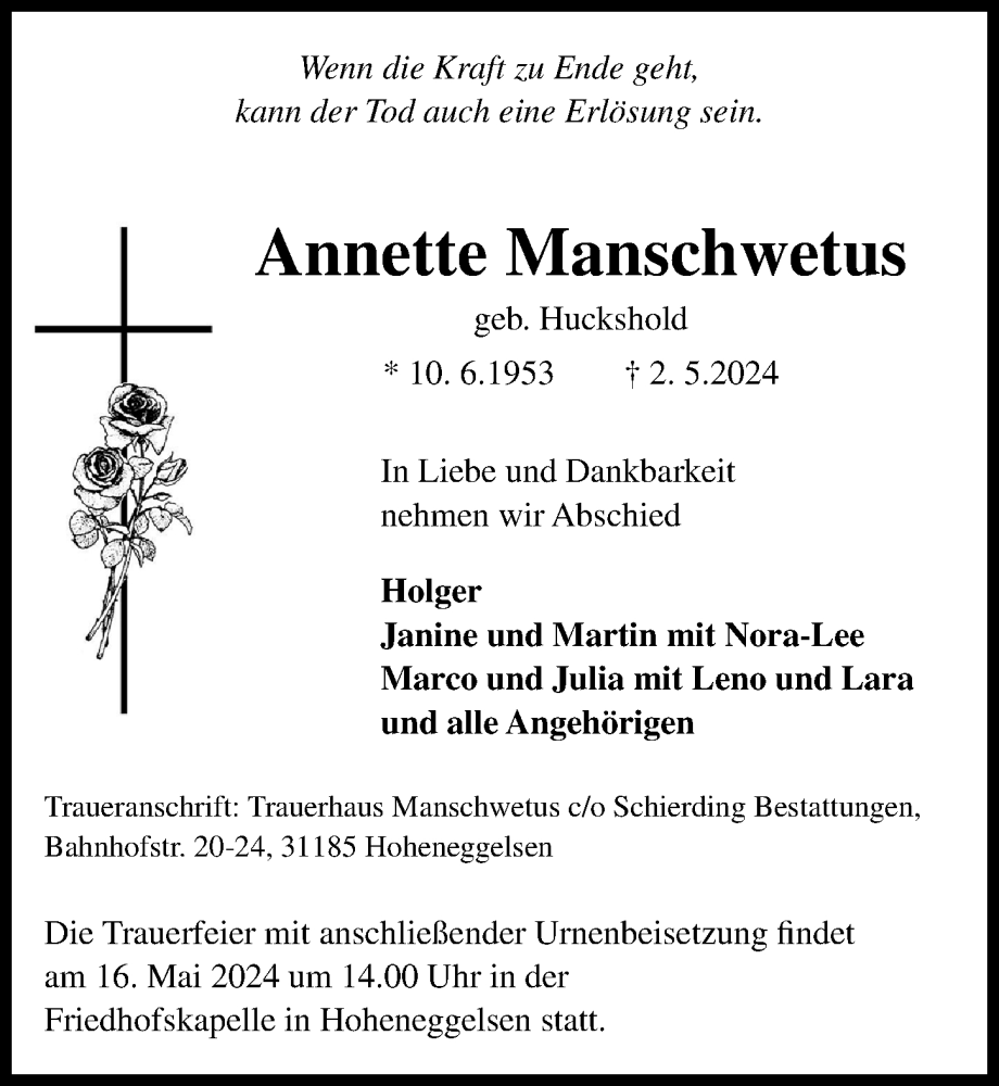  Traueranzeige für Annette Manschwetus vom 08.05.2024 aus Peiner Allgemeine Zeitung