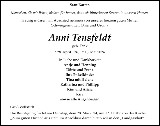 Traueranzeige von Anni Tensfeldt von Kieler Nachrichten