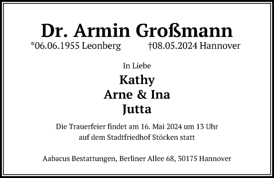 Traueranzeige von Armin Großmann von Hannoversche Allgemeine Zeitung/Neue Presse