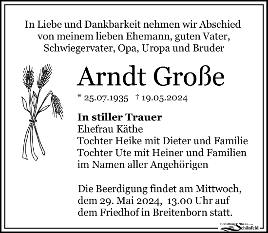 Traueranzeige von Arndt Große von Leipziger Volkszeitung