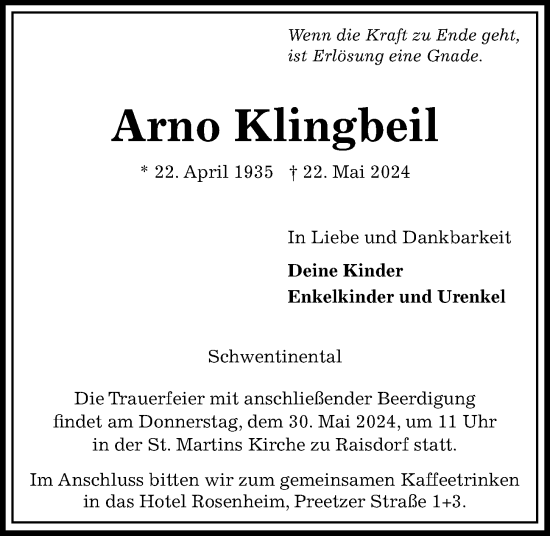Traueranzeige von Arno Klingbeil von Kieler Nachrichten