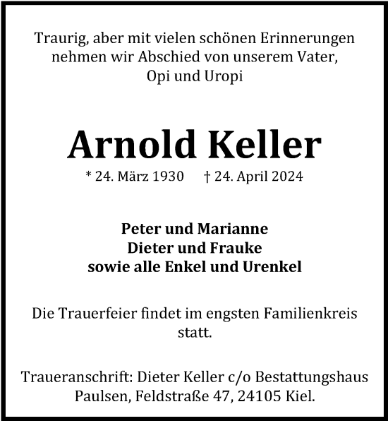 Traueranzeige von Arnold Keller von Kieler Nachrichten