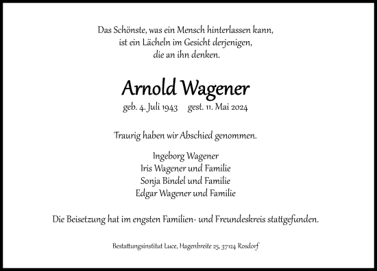 Traueranzeige von Arnold Wagener von Göttinger Tageblatt