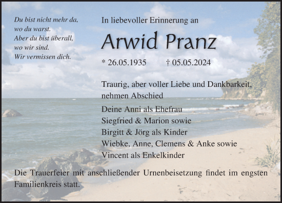 Traueranzeige von Arwid Pranz von Ostsee-Zeitung GmbH