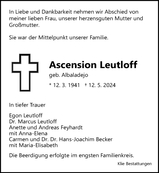 Traueranzeige von Ascension Leutloff von Göttinger Tageblatt