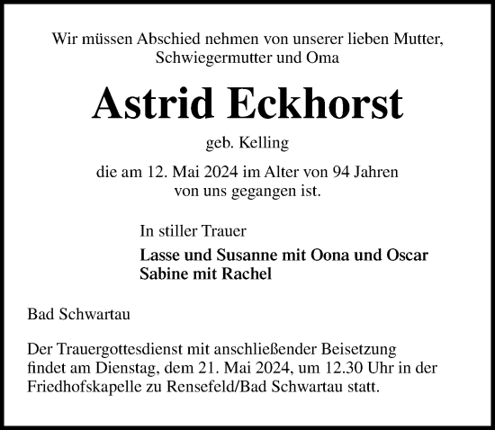 Traueranzeige von Astrid Eckhorst von Lübecker Nachrichten