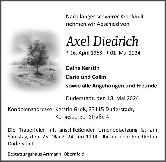 Traueranzeige von Axel Diedrich von Eichsfelder Tageblatt