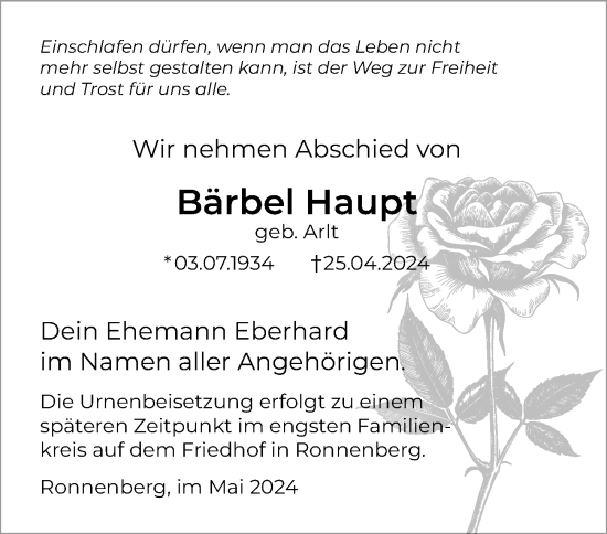 Traueranzeige von Bärbel Haupt von Hannoversche Allgemeine Zeitung/Neue Presse
