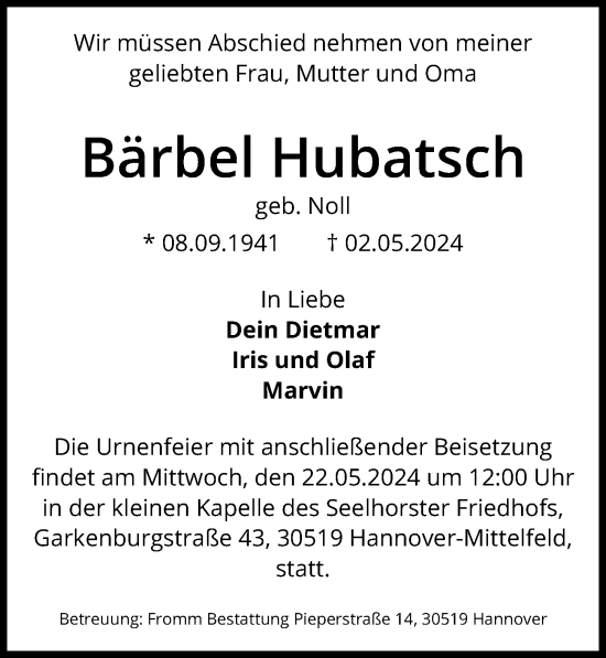 Traueranzeige von Bärbel Hubatsch von Hannoversche Allgemeine Zeitung/Neue Presse