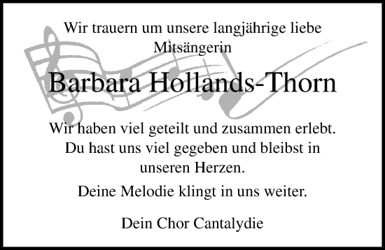 Traueranzeige von Barbara Hollands-Thorn von Lübecker Nachrichten