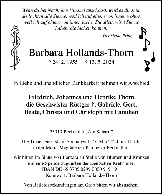 Traueranzeige von Barbara Hollands-Thorn von Lübecker Nachrichten