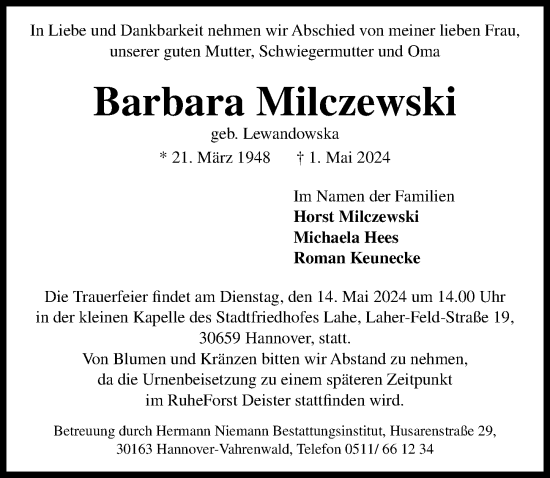 Traueranzeige von Barbara Milczewski von Hannoversche Allgemeine Zeitung/Neue Presse