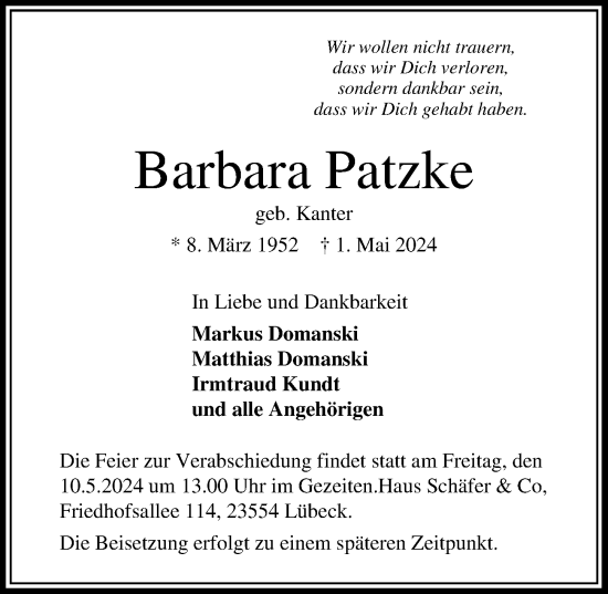 Traueranzeige von Barbara Patzke von Lübecker Nachrichten