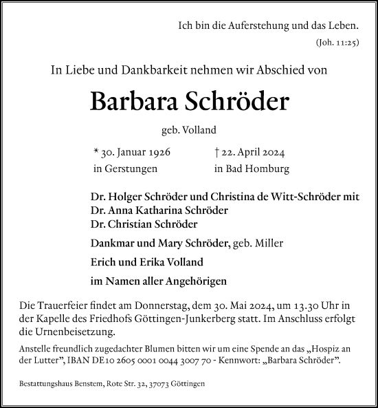 Traueranzeige von Barbara Schröder von Göttinger Tageblatt