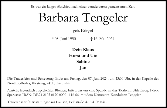 Traueranzeige von Barbara Tengeler von Kieler Nachrichten