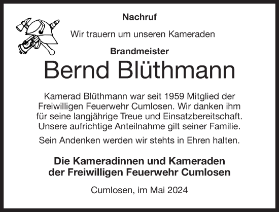 Traueranzeige von Bernd Blüthmann von Wochenspiegel
