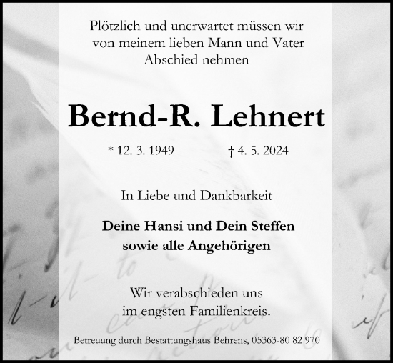 Traueranzeige von Bernd-R. Lehnert von Aller Zeitung