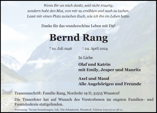 Traueranzeige von Bernd Rang von Hannoversche Allgemeine Zeitung/Neue Presse