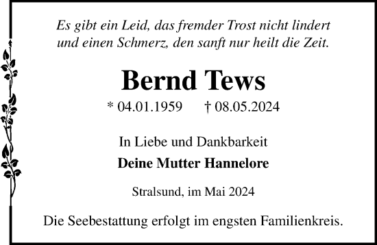 Traueranzeige von Bernd Tews von Ostsee-Zeitung GmbH