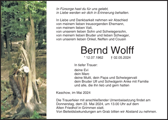 Traueranzeige von Bernd Wolff von Ostsee-Zeitung GmbH