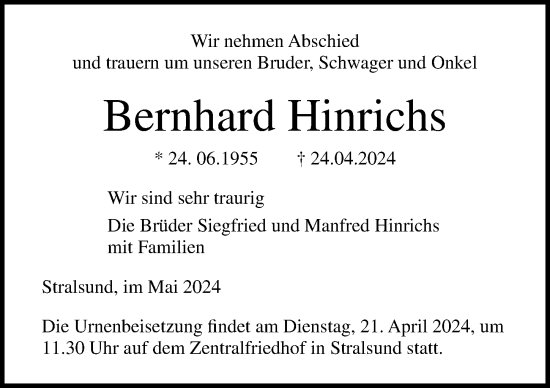 Traueranzeige von Bernhard Hinrichs von Ostsee-Zeitung GmbH