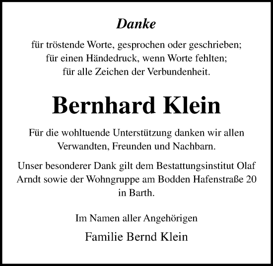 Traueranzeige von Bernhard Klein von Ostsee-Zeitung GmbH